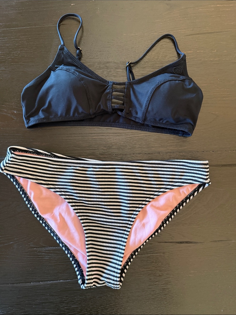 Black Bikini Top with Black & White Striped Bikini Bottoms